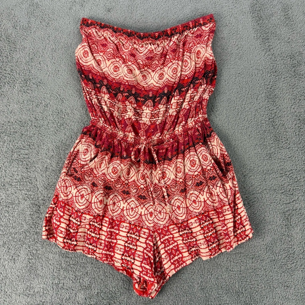 Angie Red and Cream Strapless Boho Romper
